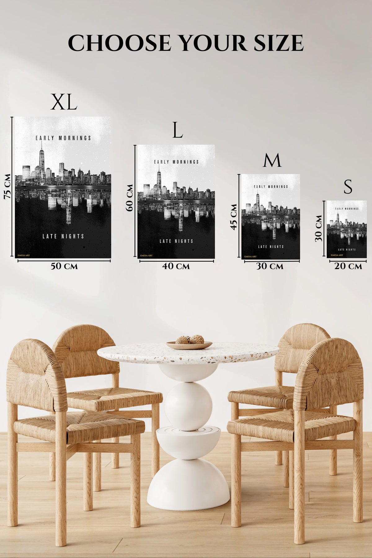 EMESA metal wall art size comparison guide for Early Mornings Late Nights City Reflection