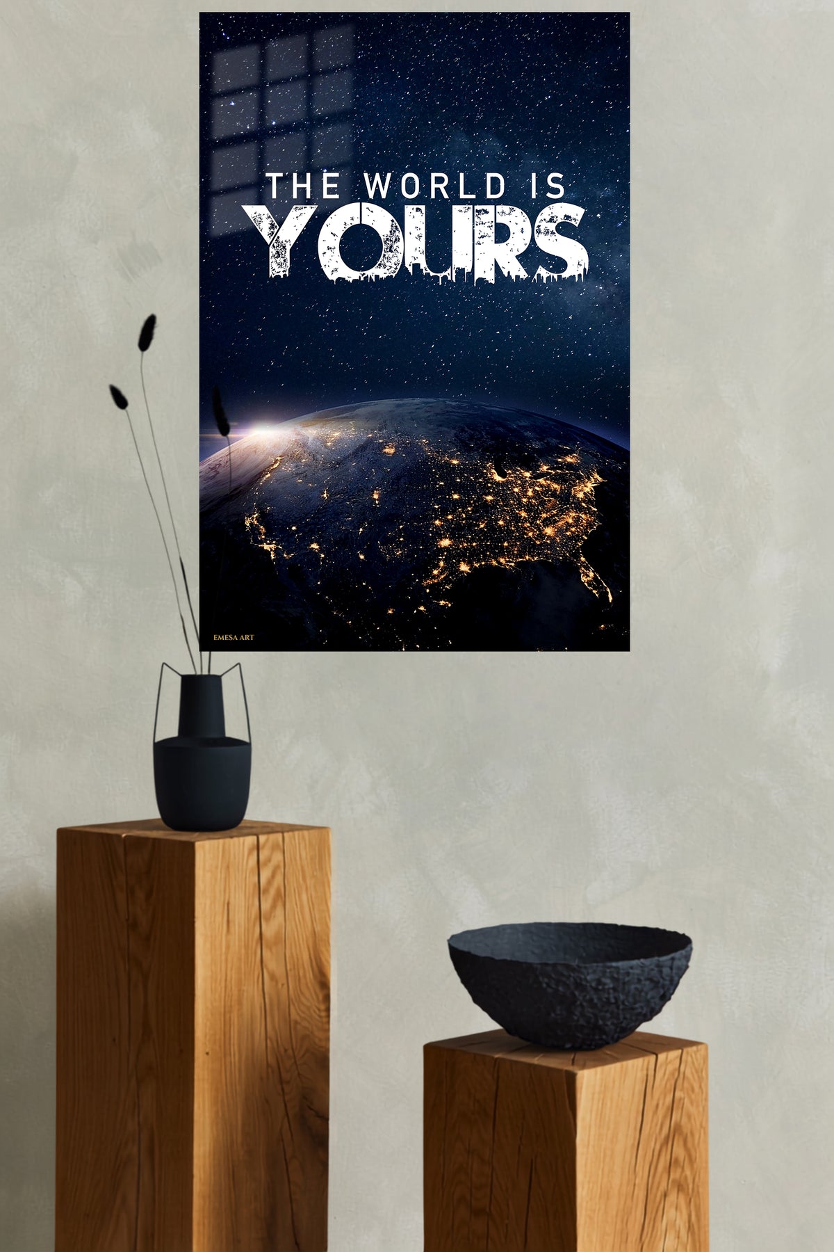 The World Is Yours Space Quote metal wall art displayed in a modern interior