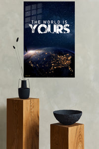 The World Is Yours Space Quote metal wall art displayed in a modern interior