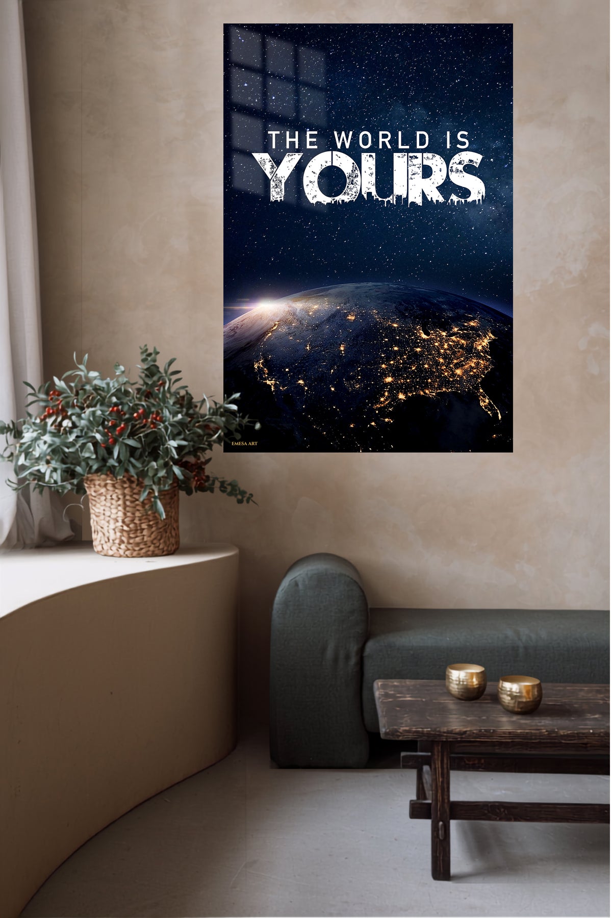 The World Is Yours Space Quote metal wall art displayed in a contemporary living space
