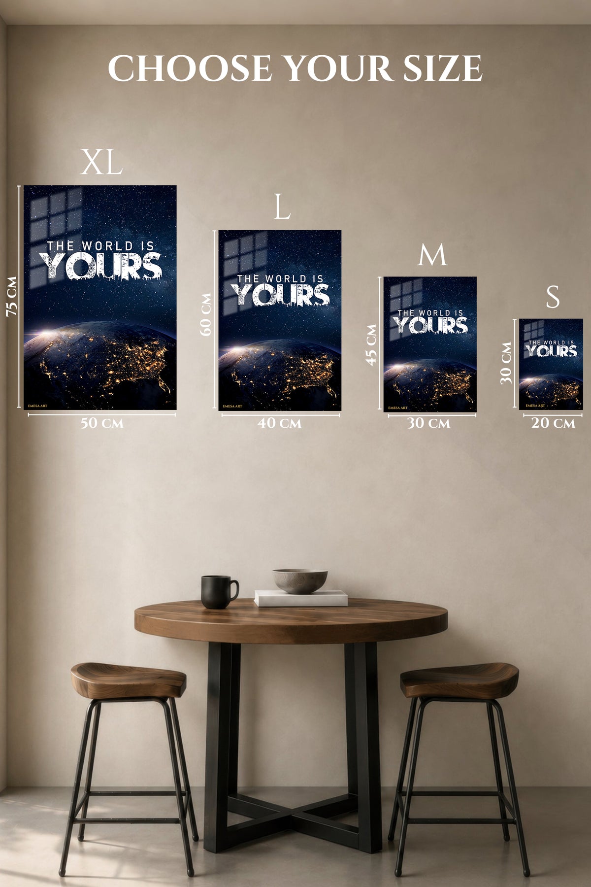 EMESA metal wall art size comparison guide for The World Is Yours Space Quote