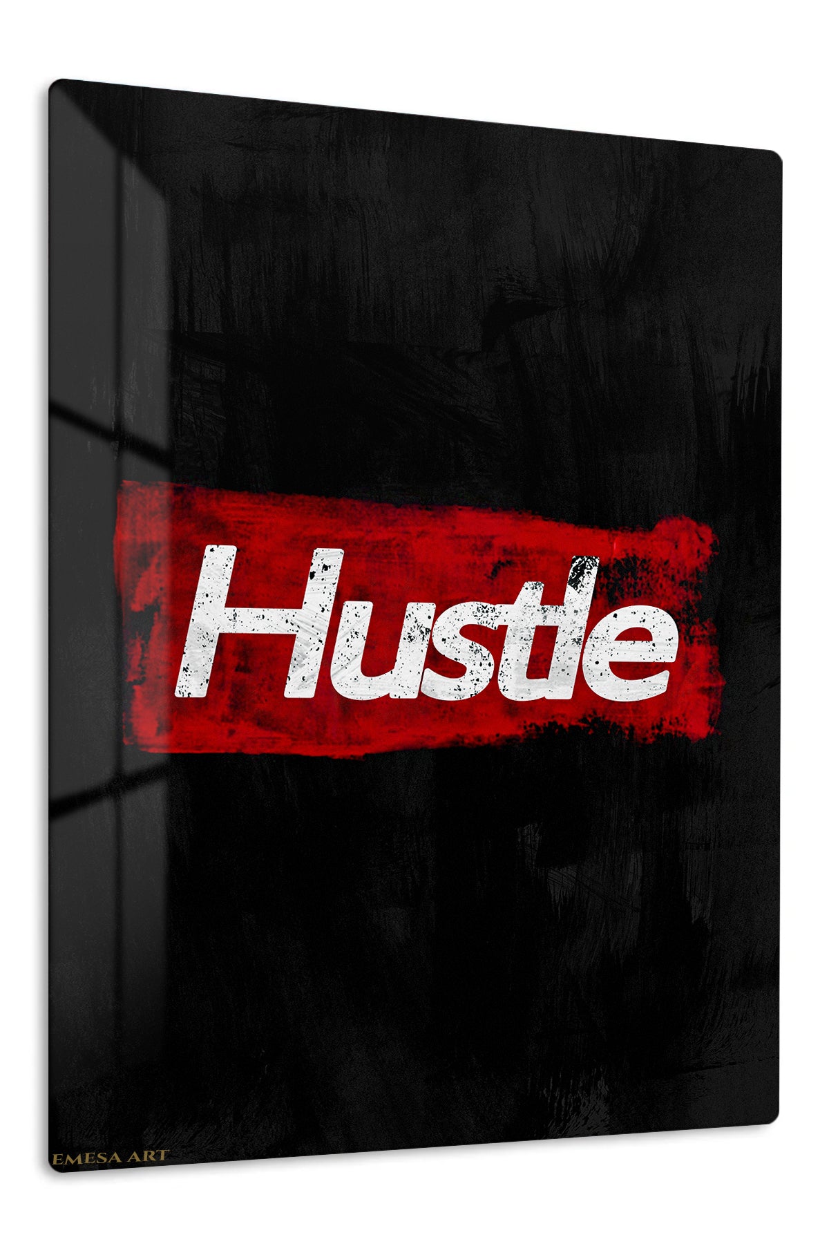Hustle Red Brushstroke Typography premium metal wall art – front view