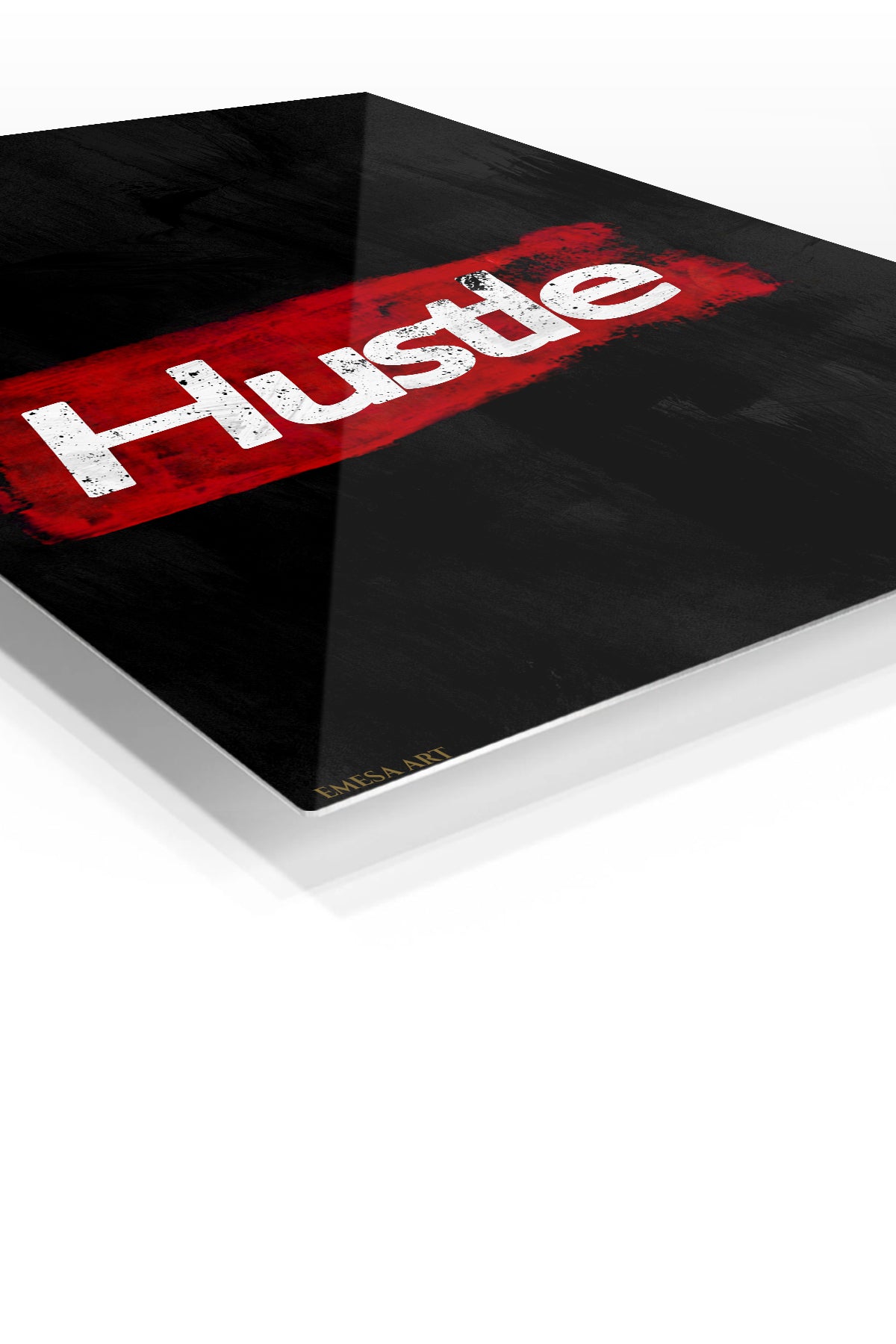 Hustle Red Brushstroke Typography premium metal wall art – angled view