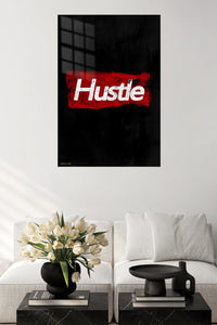 Hustle Red Brushstroke Typography metal wall art displayed in a contemporary living space