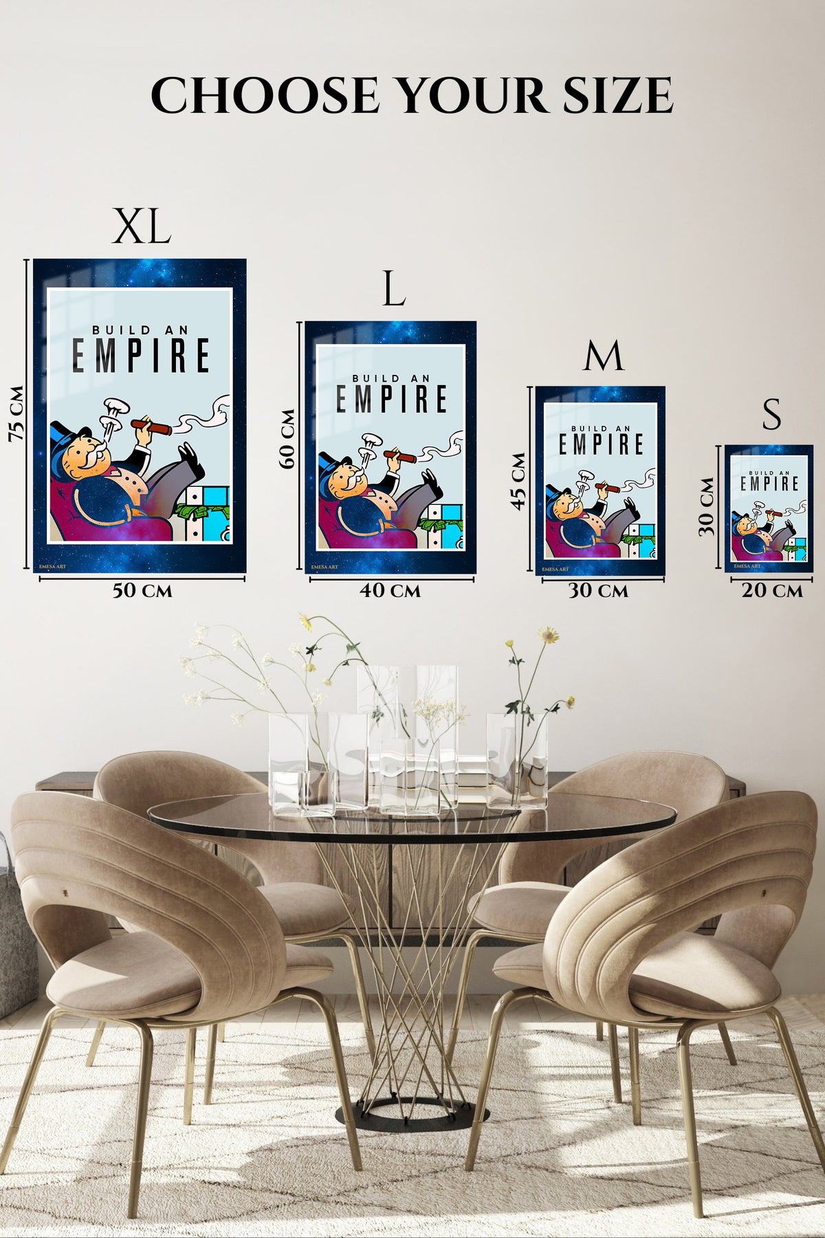 EMESA metal wall art size comparison guide for Build an Empire