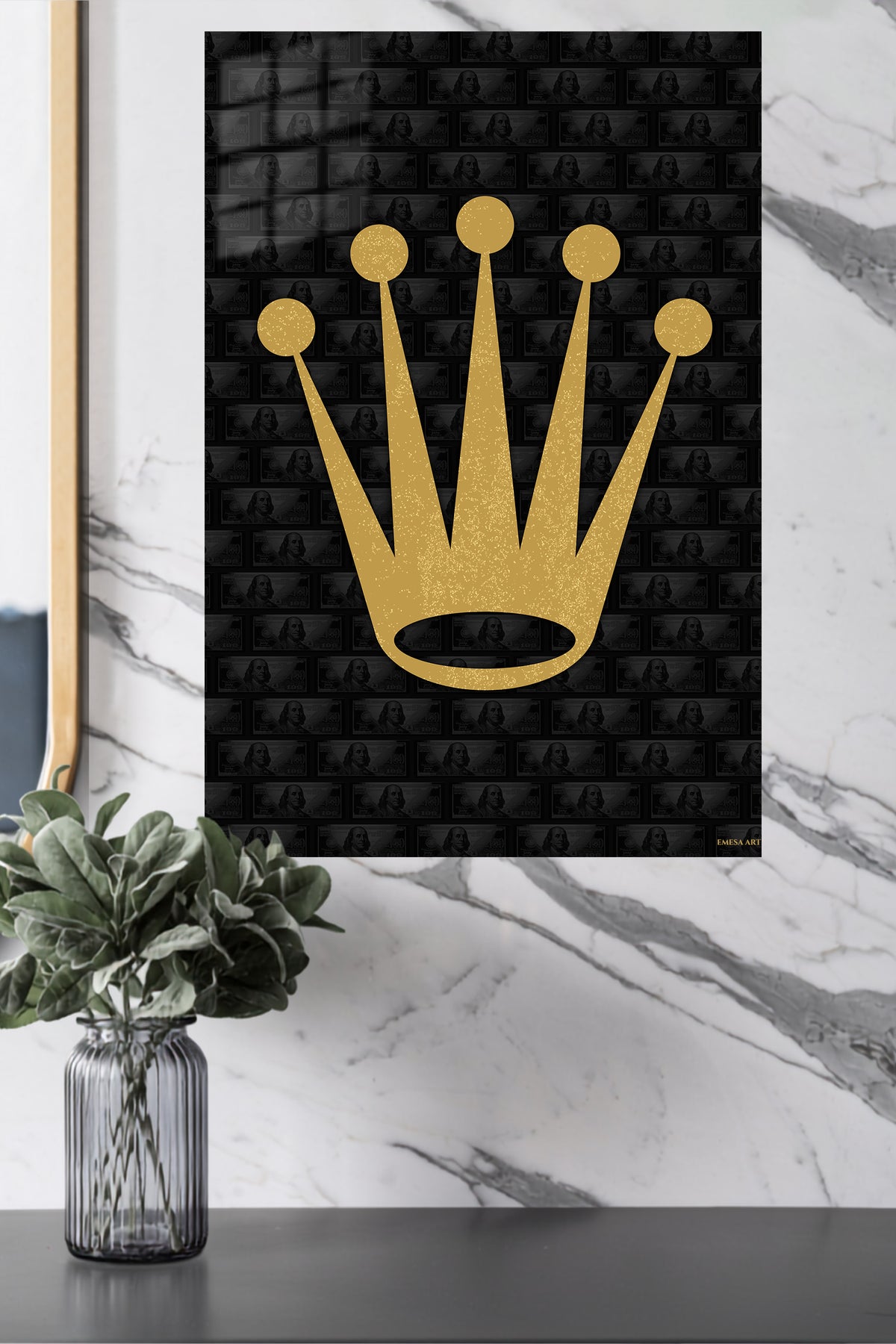 Golden Crown of Ambition metal wall art displayed in a modern interior