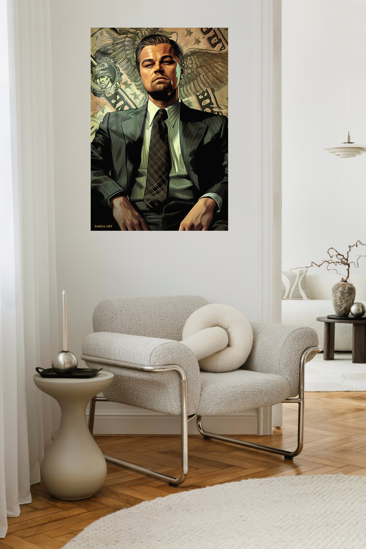 Ambition in a Pinstripe Suit metal wall art displayed in a contemporary living space