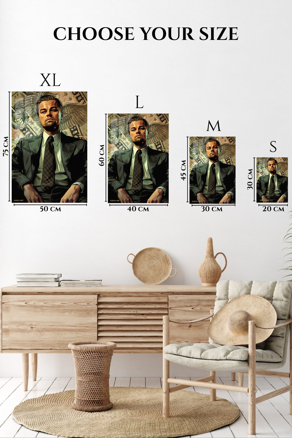 EMESA metal wall art size comparison guide for Ambition in a Pinstripe Suit