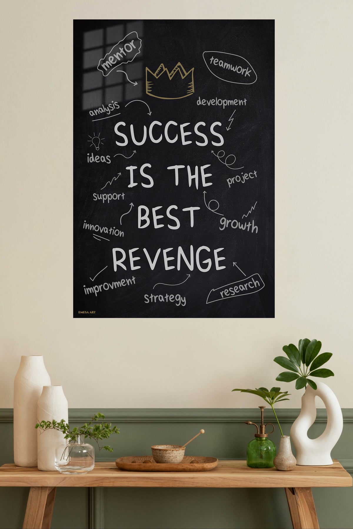 Success Is the Best Revenge Chalkboard metal wall art displayed in a modern interior