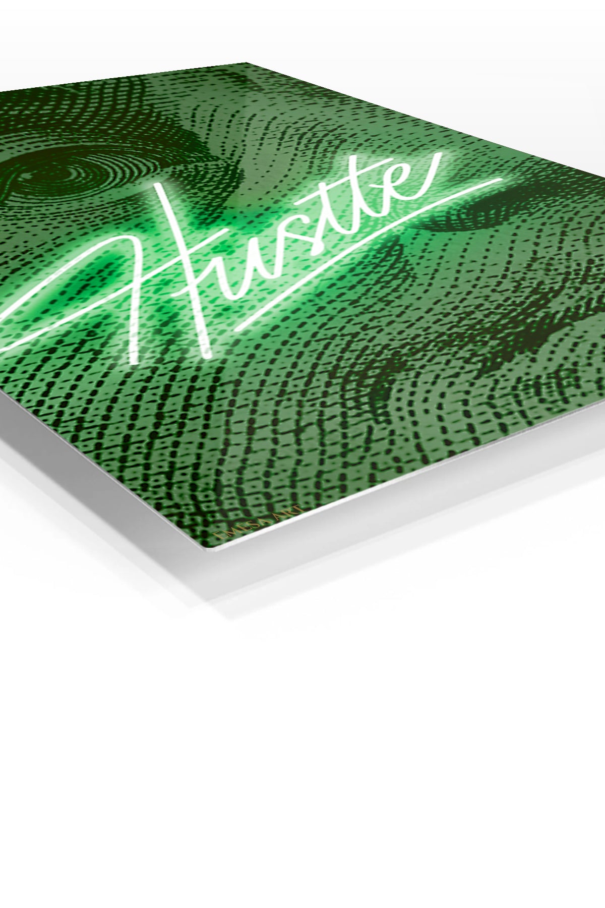 Green Hustle Portrait premium metal wall art – angled view