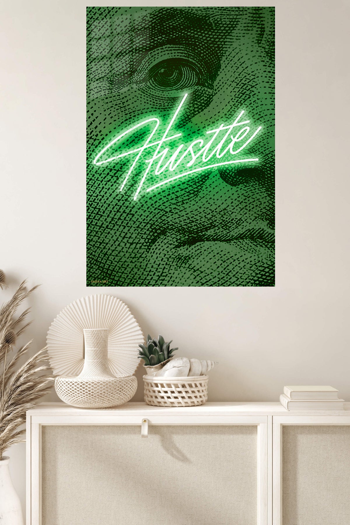 Green Hustle Portrait metal wall art displayed in a modern interior