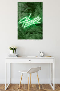 Green Hustle Portrait metal wall art displayed in a contemporary living space