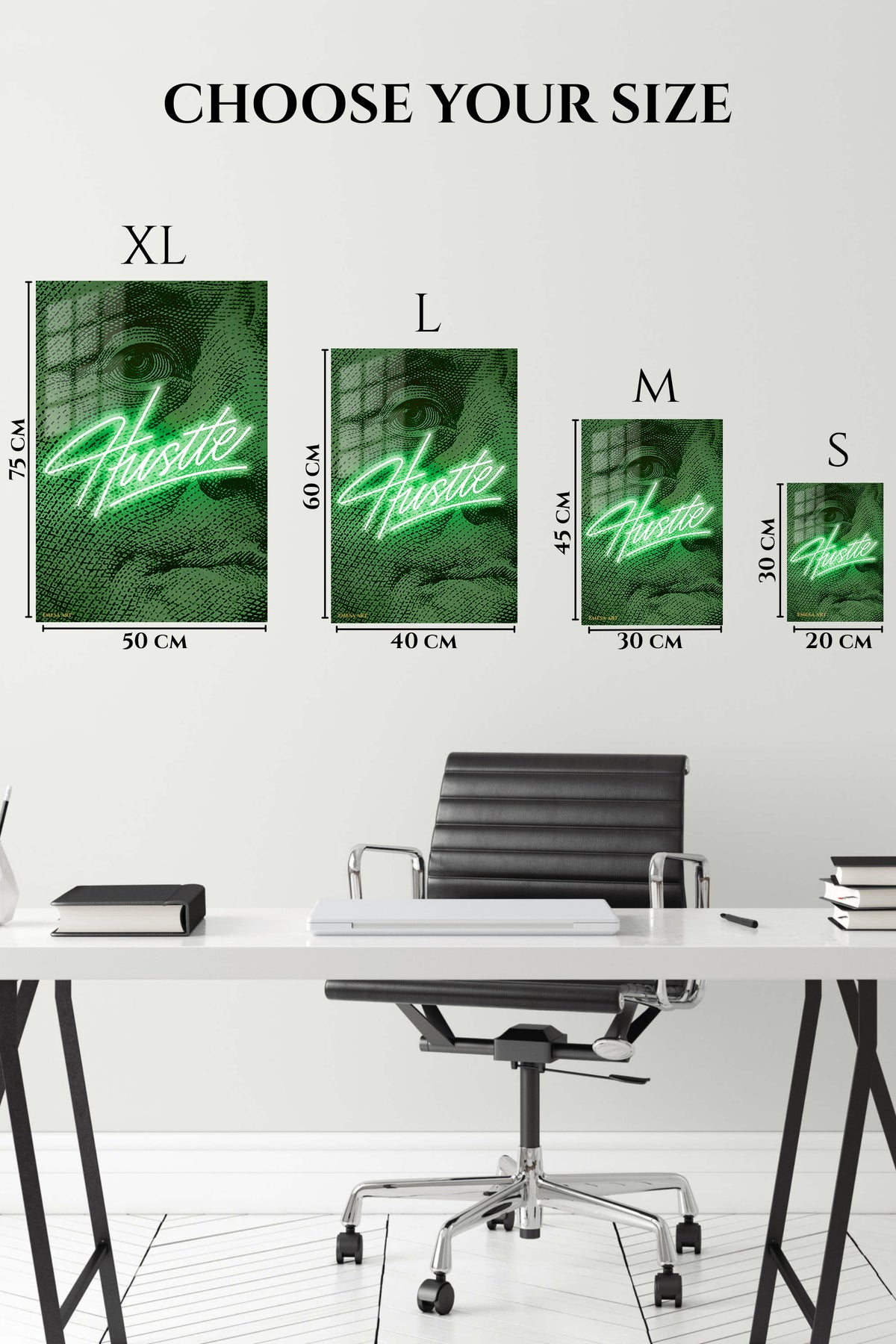 EMESA metal wall art size comparison guide for Green Hustle Portrait