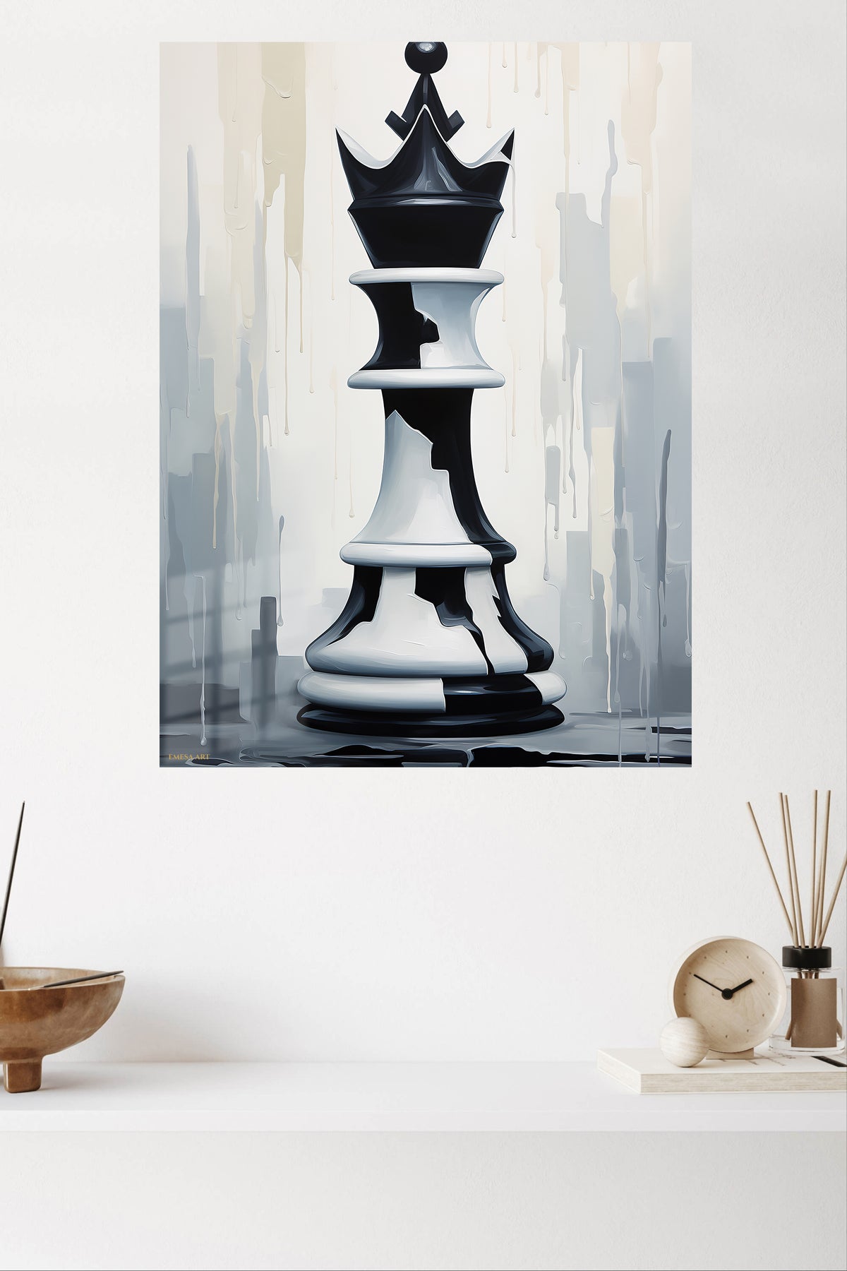 Monochrome Chess King metal wall art displayed in a modern interior