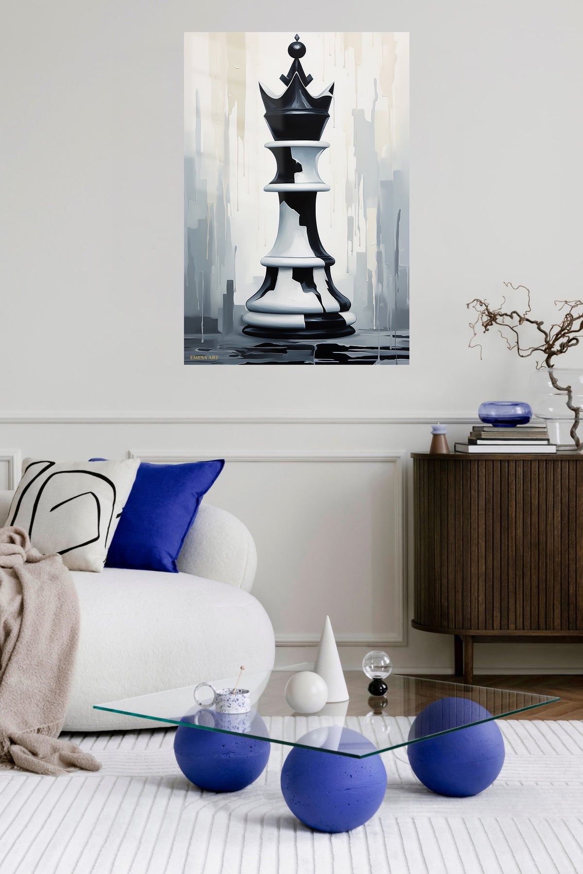 Monochrome Chess King metal wall art displayed in a contemporary living space