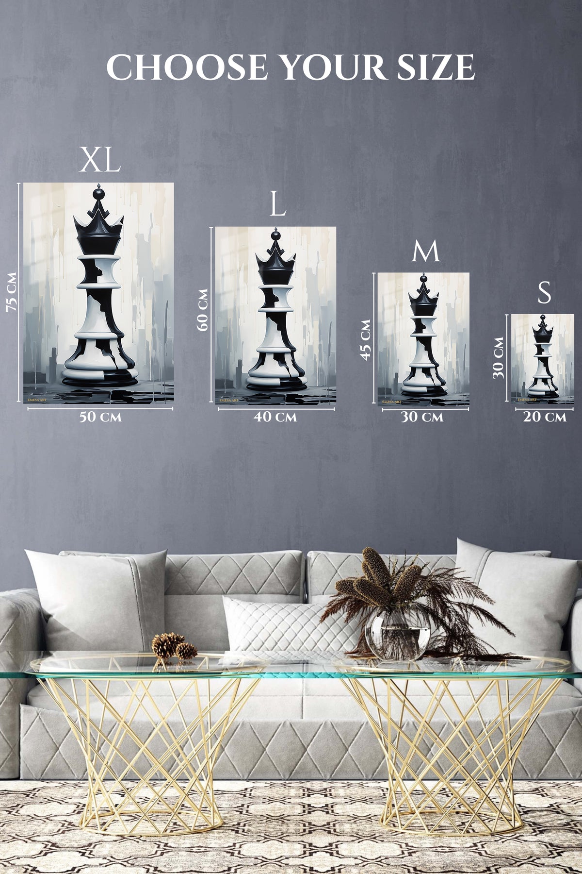 EMESA metal wall art size comparison guide for Monochrome Chess King
