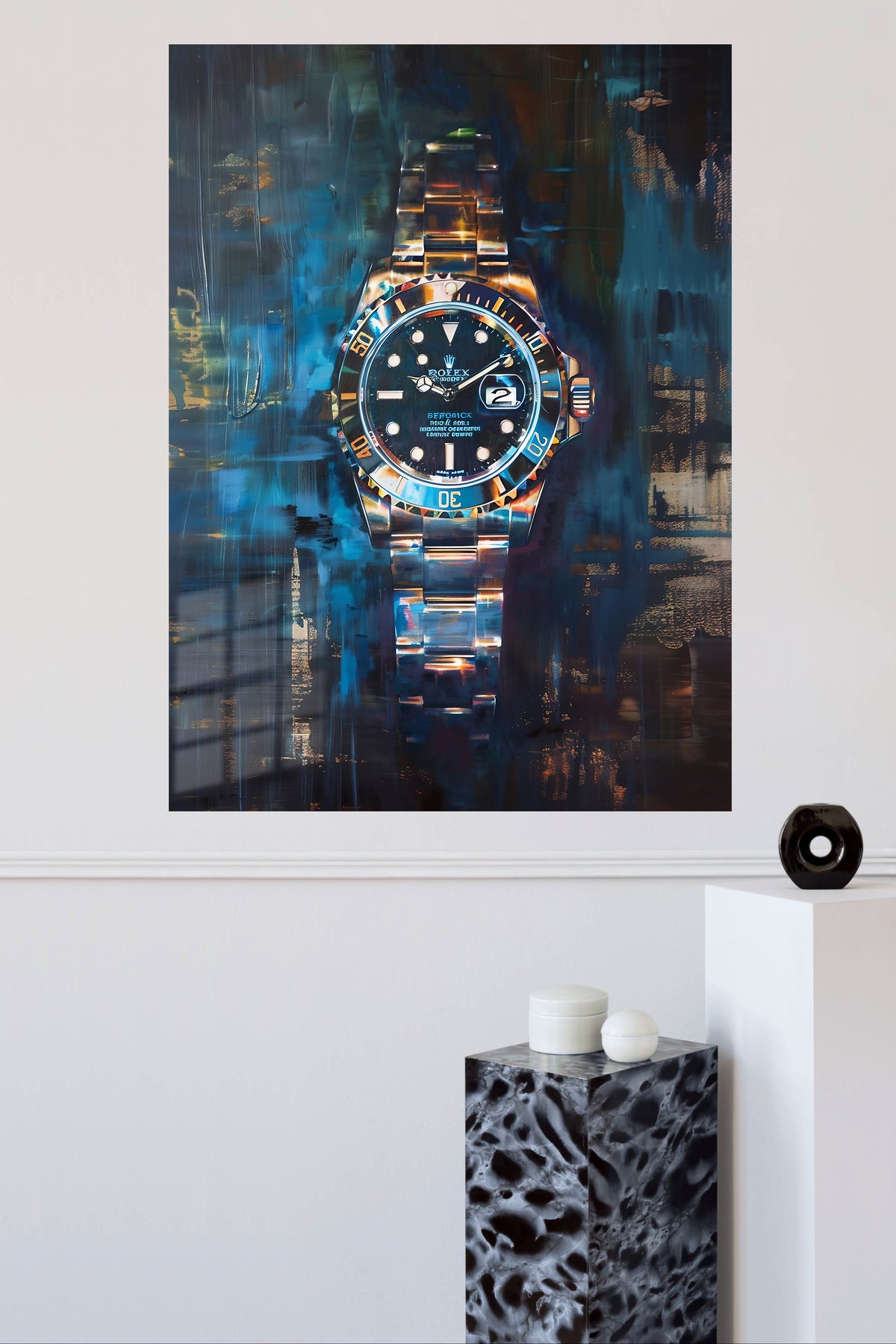 Midnight Diver Watch metal wall art displayed in a modern interior