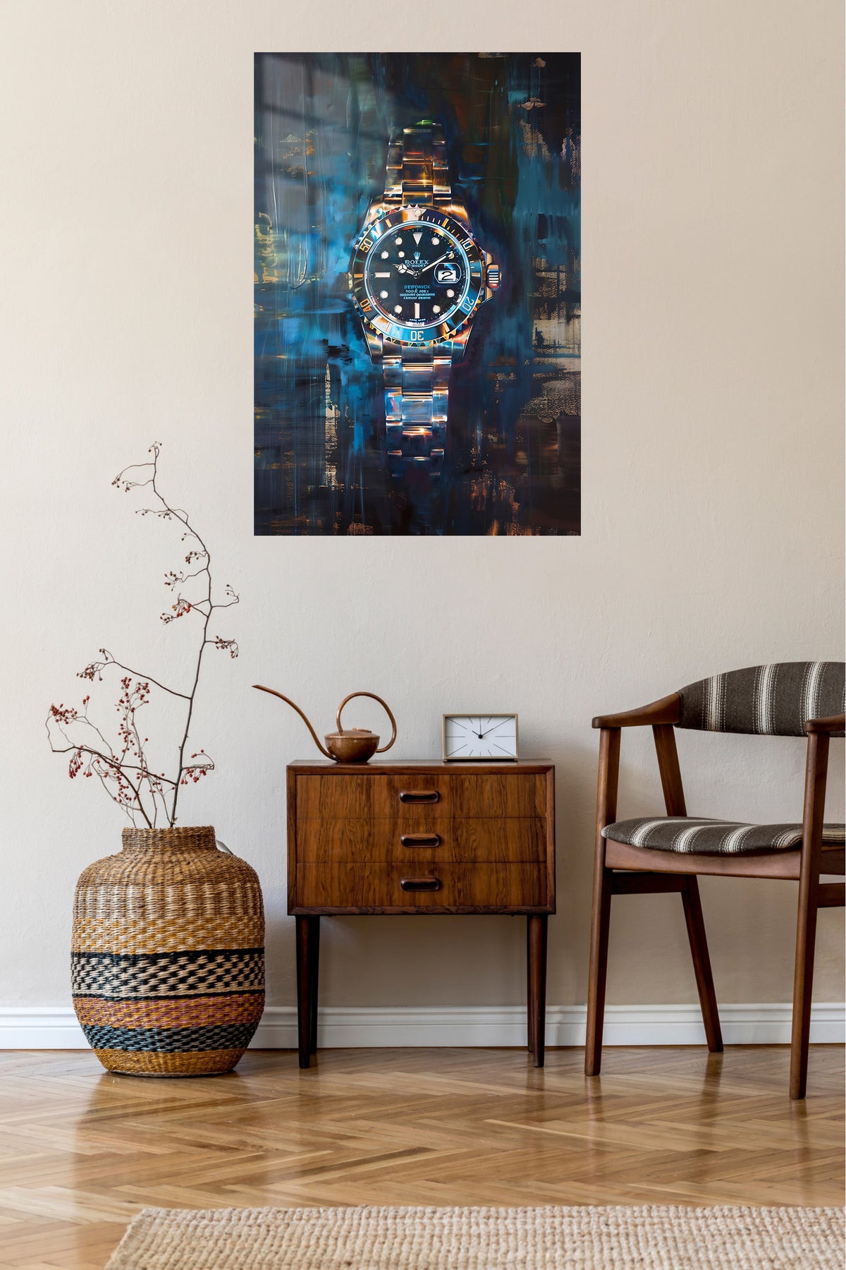 Midnight Diver Watch metal wall art displayed in a contemporary living space