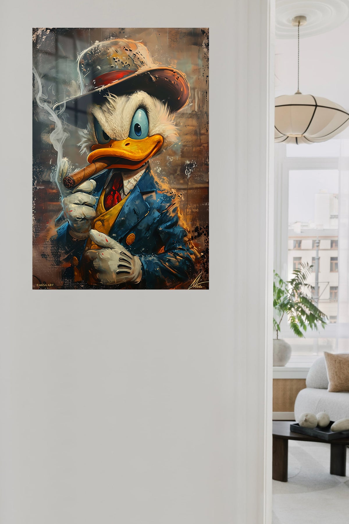Cigar Smoke Duck Gentleman metal wall art displayed in a contemporary living space