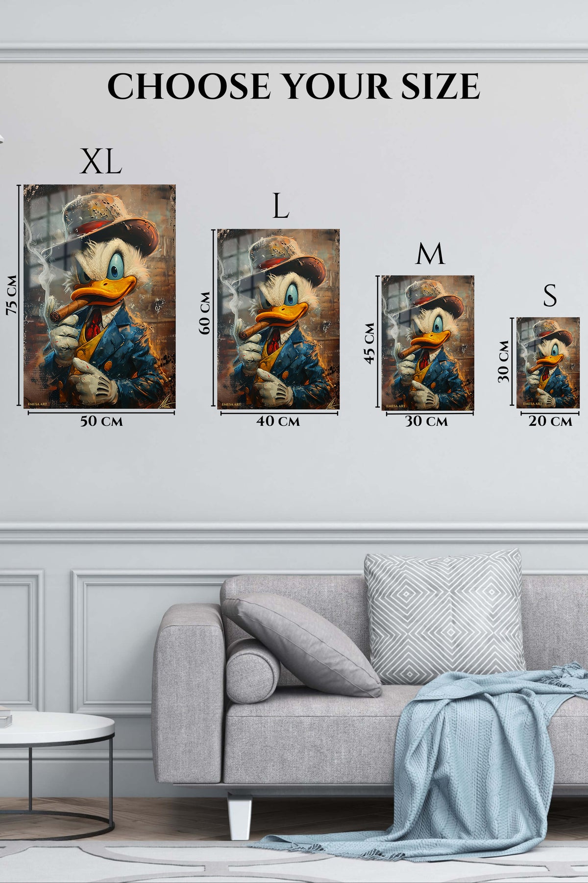 EMESA metal wall art size comparison guide for Cigar Smoke Duck Gentleman