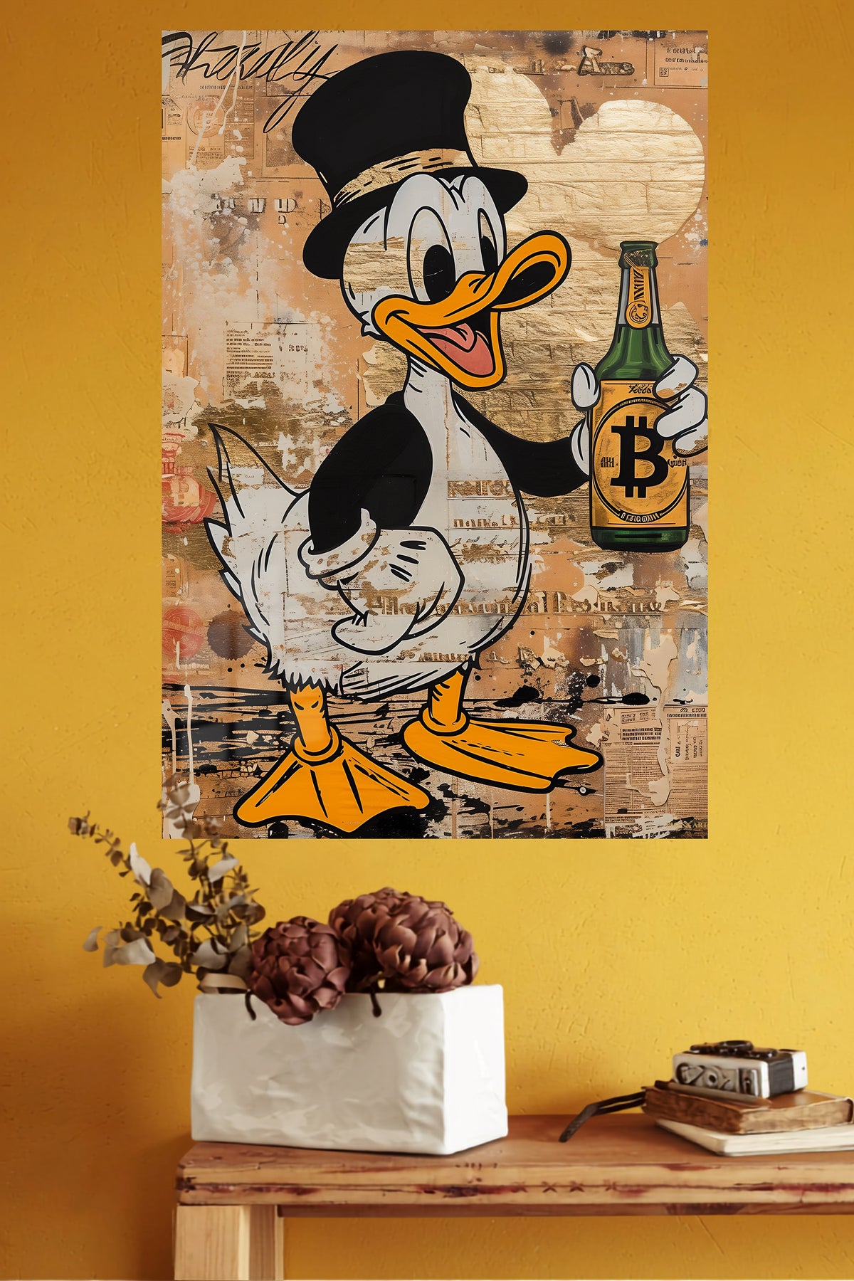 Top Hat Duck Crypto Toast metal wall art displayed in a modern interior