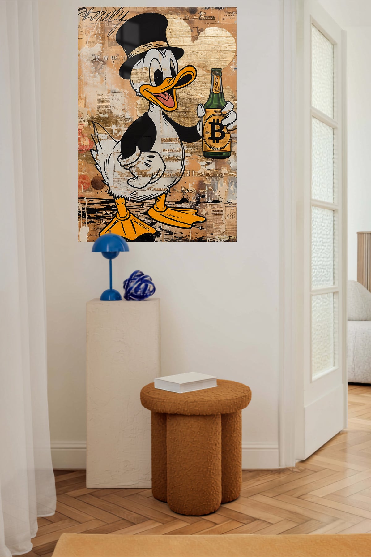 Top Hat Duck Crypto Toast metal wall art displayed in a contemporary living space