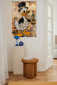 Top Hat Duck Crypto Toast metal wall art displayed in a contemporary living space