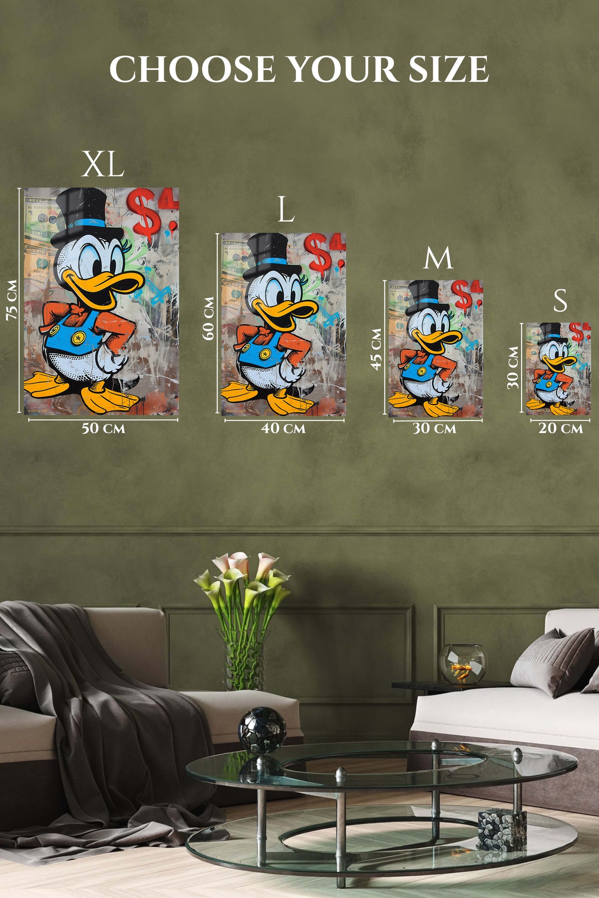 EMESA metal wall art size comparison guide for Top Hat Duck and Dollar Sign