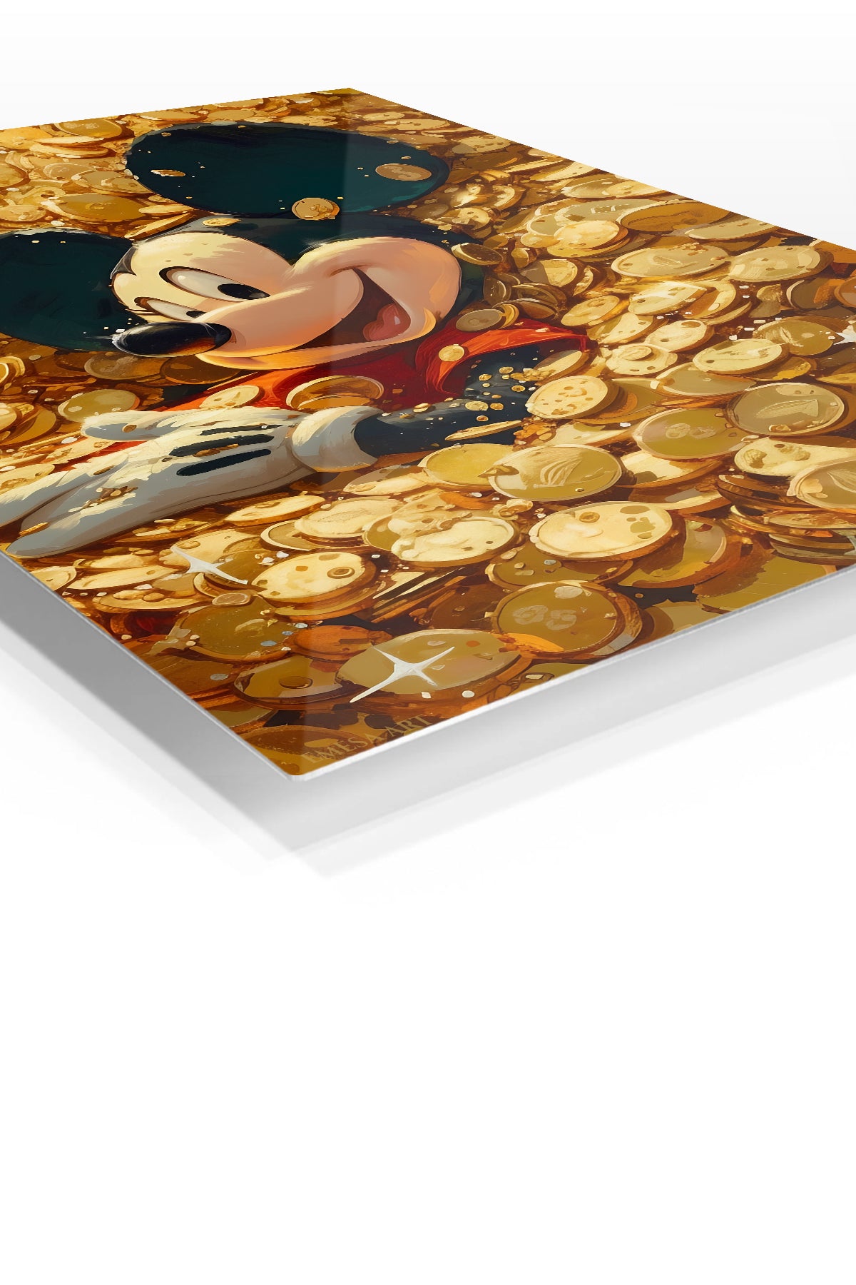 Cheerful Mouse Among Gold Coins premium metal wall art – angled view