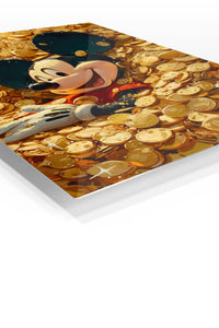 Cheerful Mouse Among Gold Coins premium metal wall art – angled view
