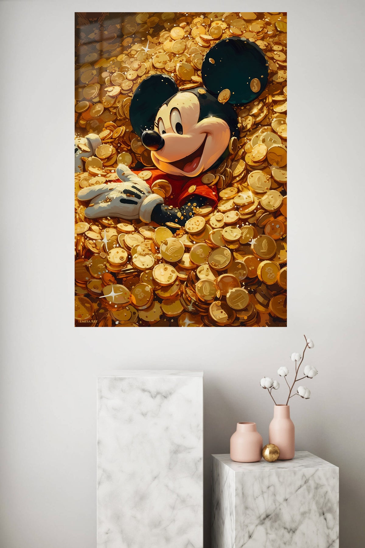 Cheerful Mouse Among Gold Coins metal wall art displayed in a modern interior