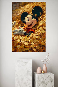 Cheerful Mouse Among Gold Coins metal wall art displayed in a modern interior
