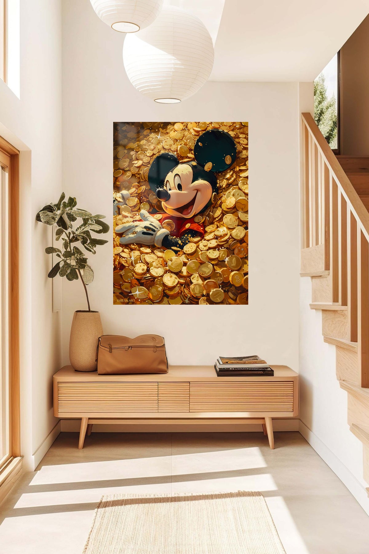 Cheerful Mouse Among Gold Coins metal wall art displayed in a contemporary living space