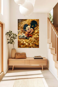 Cheerful Mouse Among Gold Coins metal wall art displayed in a contemporary living space