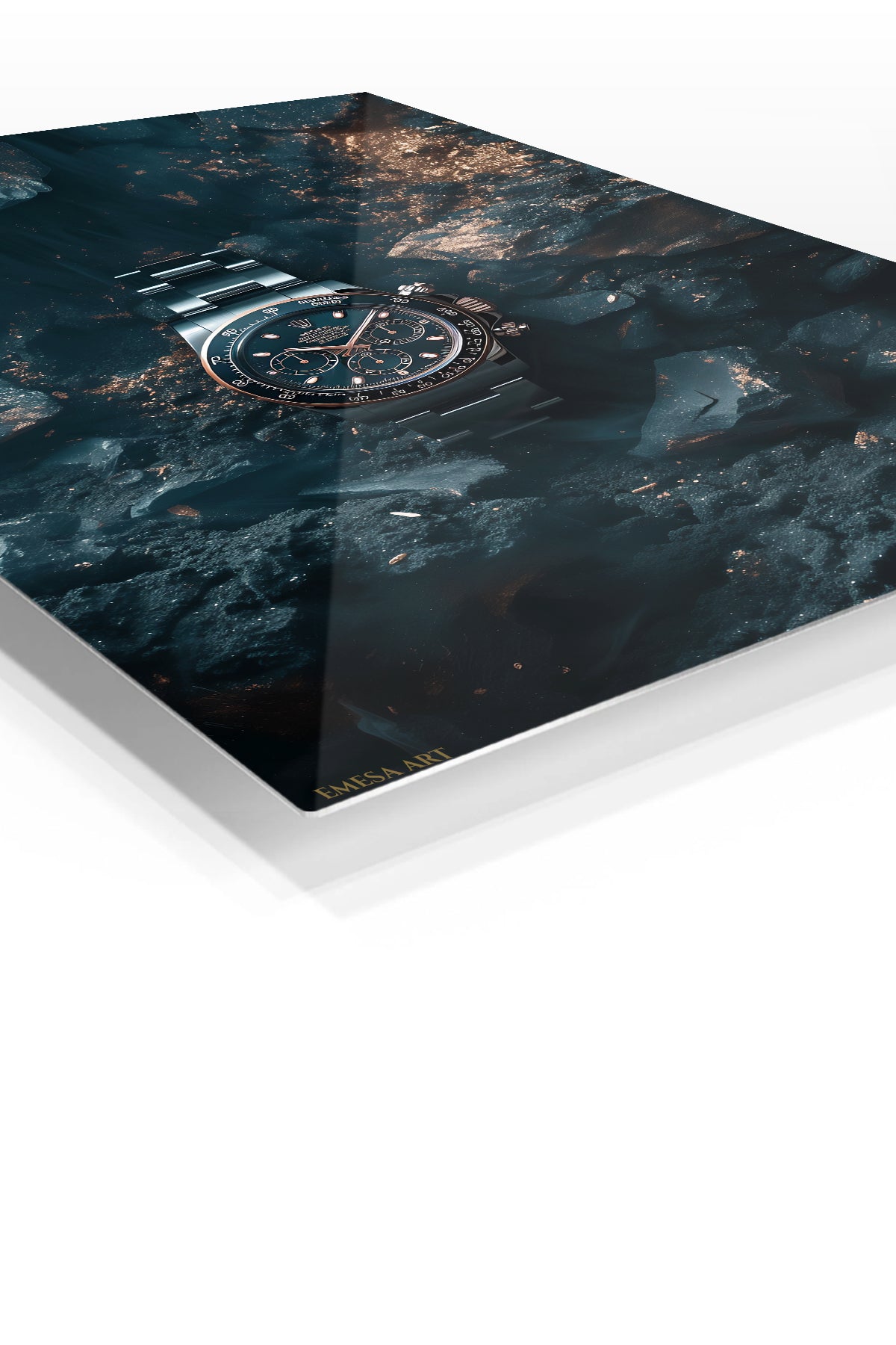 Midnight Chronograph in Stone premium metal wall art – angled view