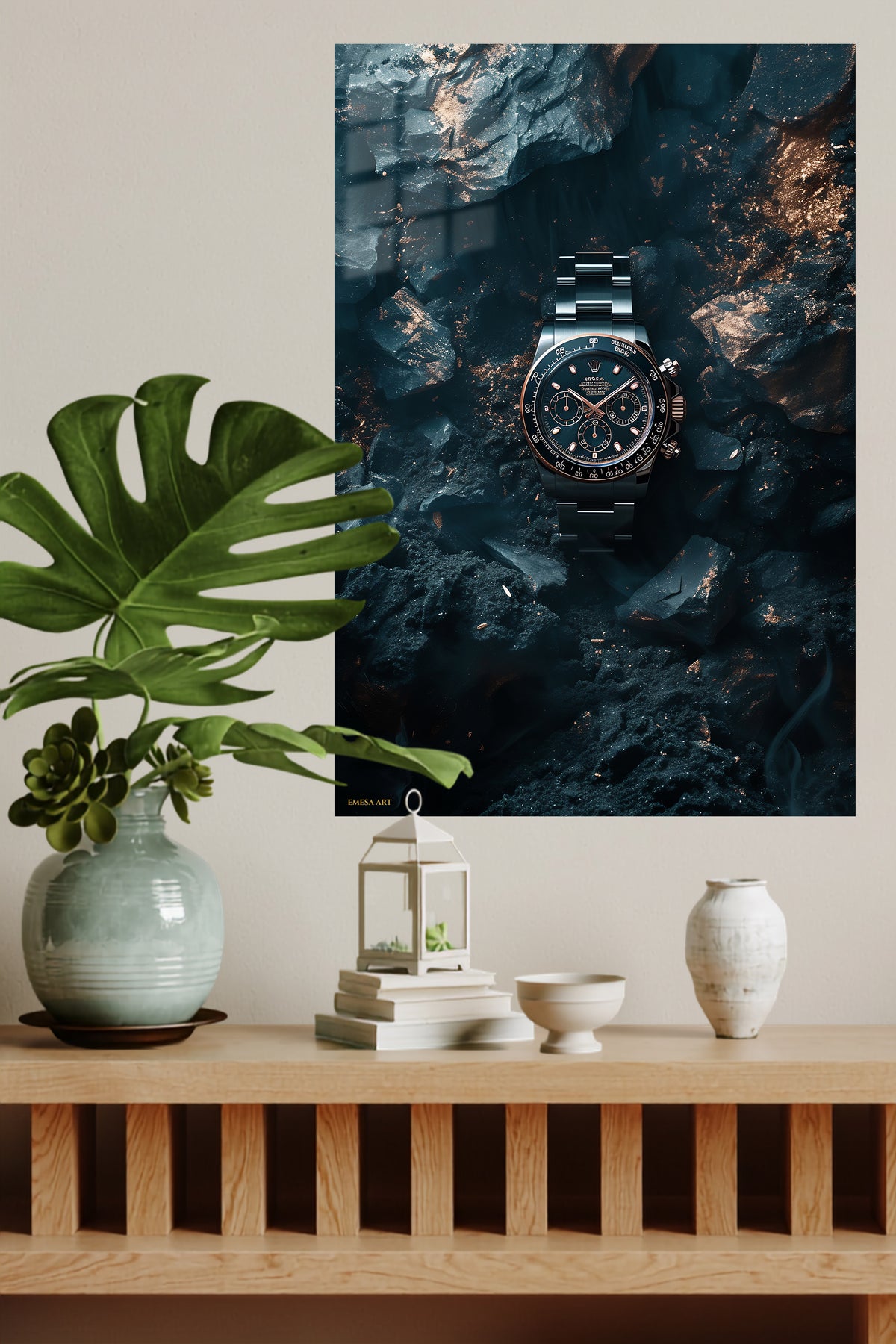 Midnight Chronograph in Stone metal wall art displayed in a modern interior