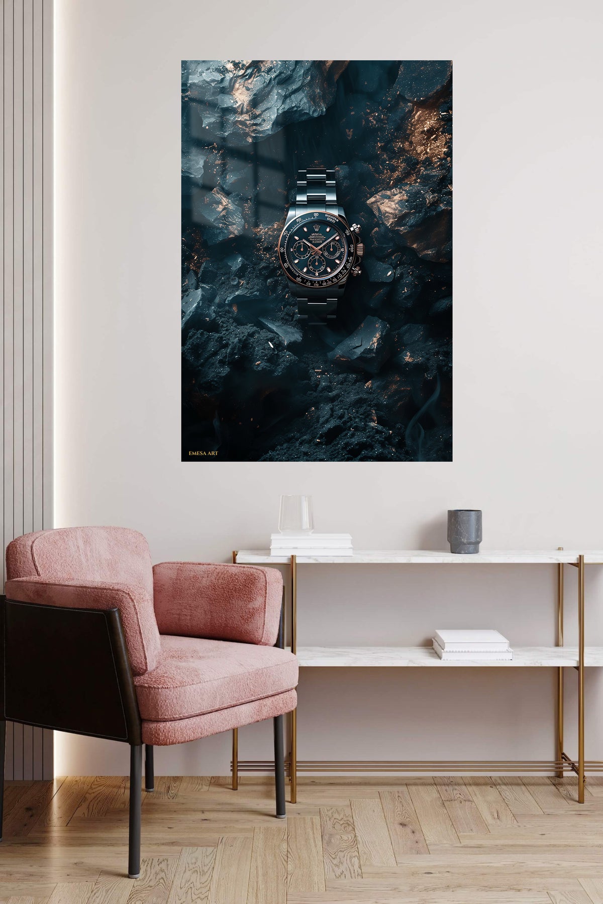 Midnight Chronograph in Stone metal wall art displayed in a contemporary living space
