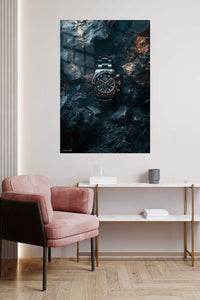 Midnight Chronograph in Stone metal wall art displayed in a contemporary living space