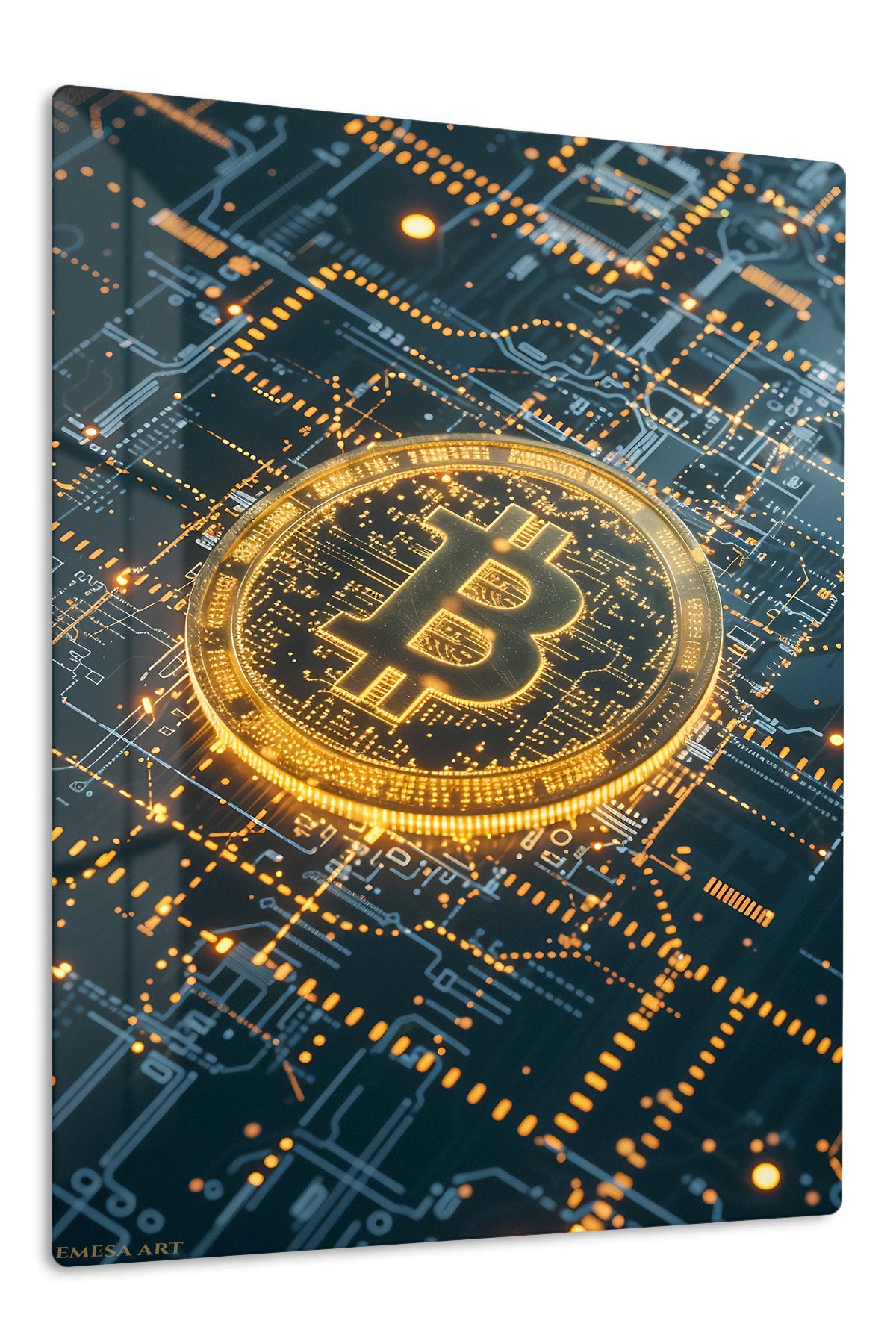Golden Cryptocurrency Circuit premium metal wall art – front view