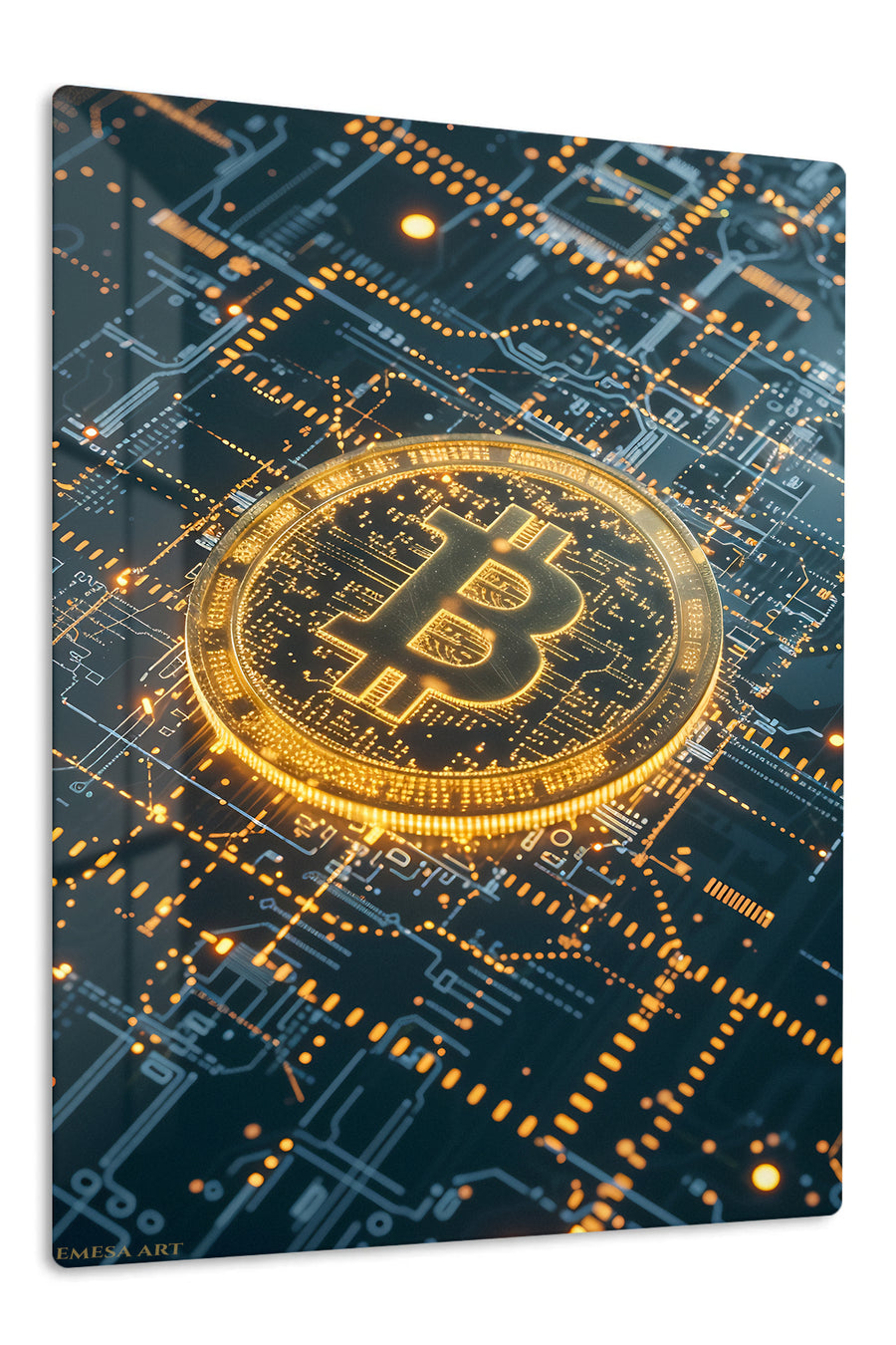 Golden Cryptocurrency Circuit premium metal wall art – front view