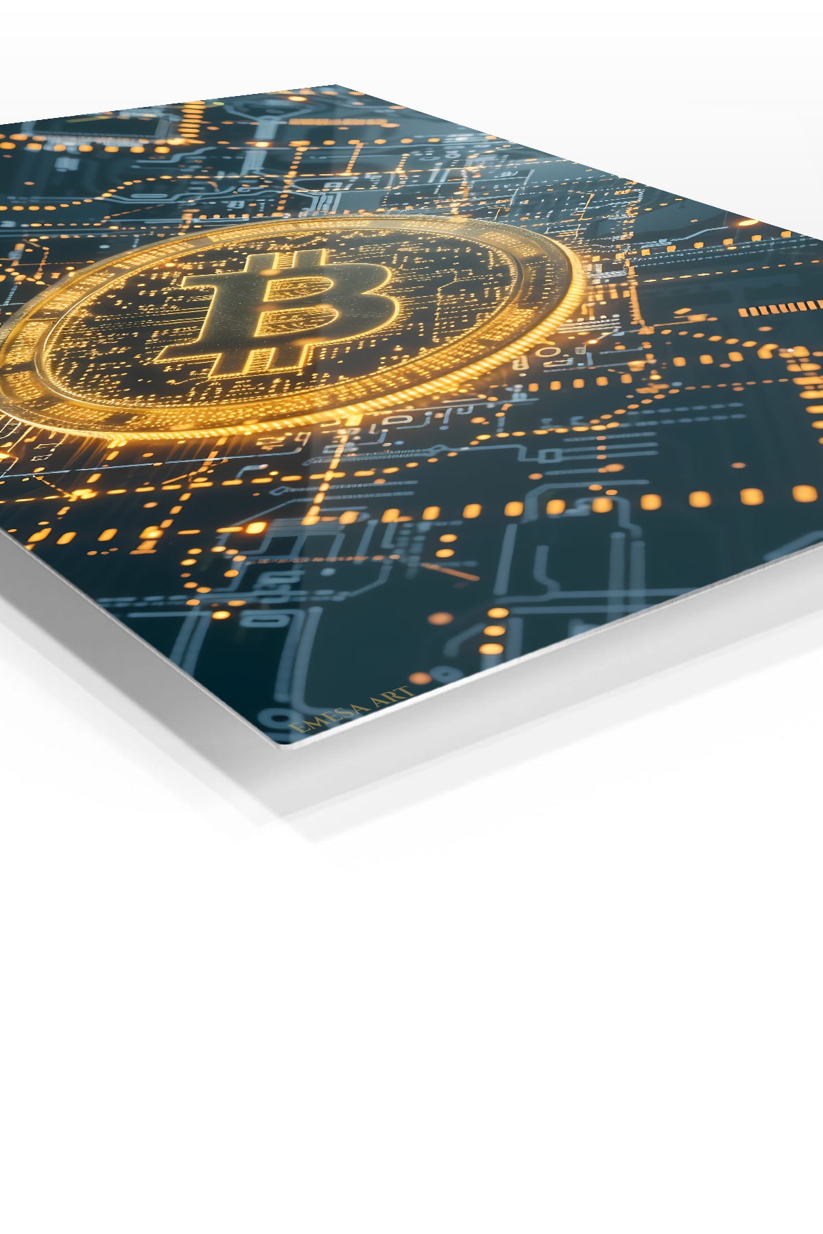 Golden Cryptocurrency Circuit premium metal wall art – angled view