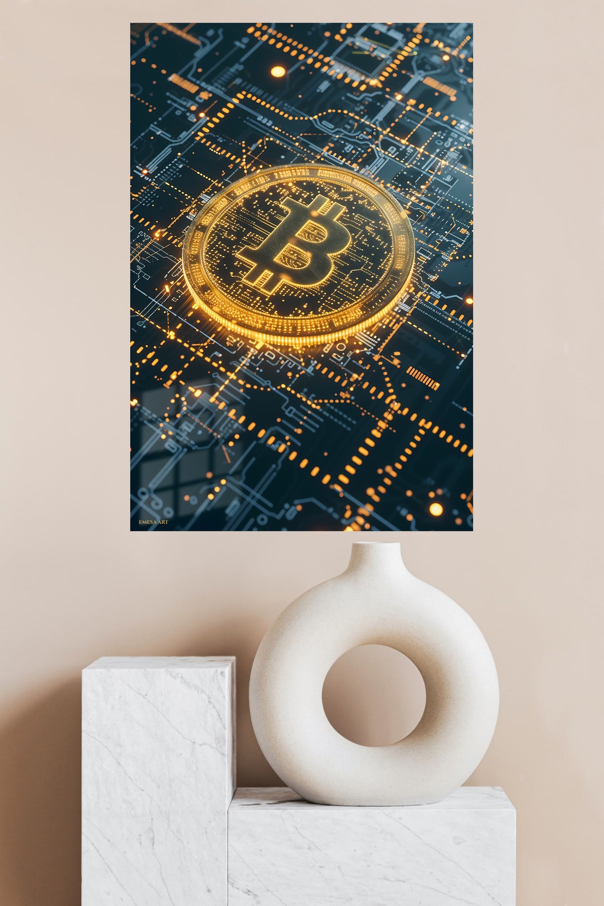 Golden Cryptocurrency Circuit metal wall art displayed in a modern interior