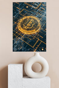 Golden Cryptocurrency Circuit metal wall art displayed in a modern interior