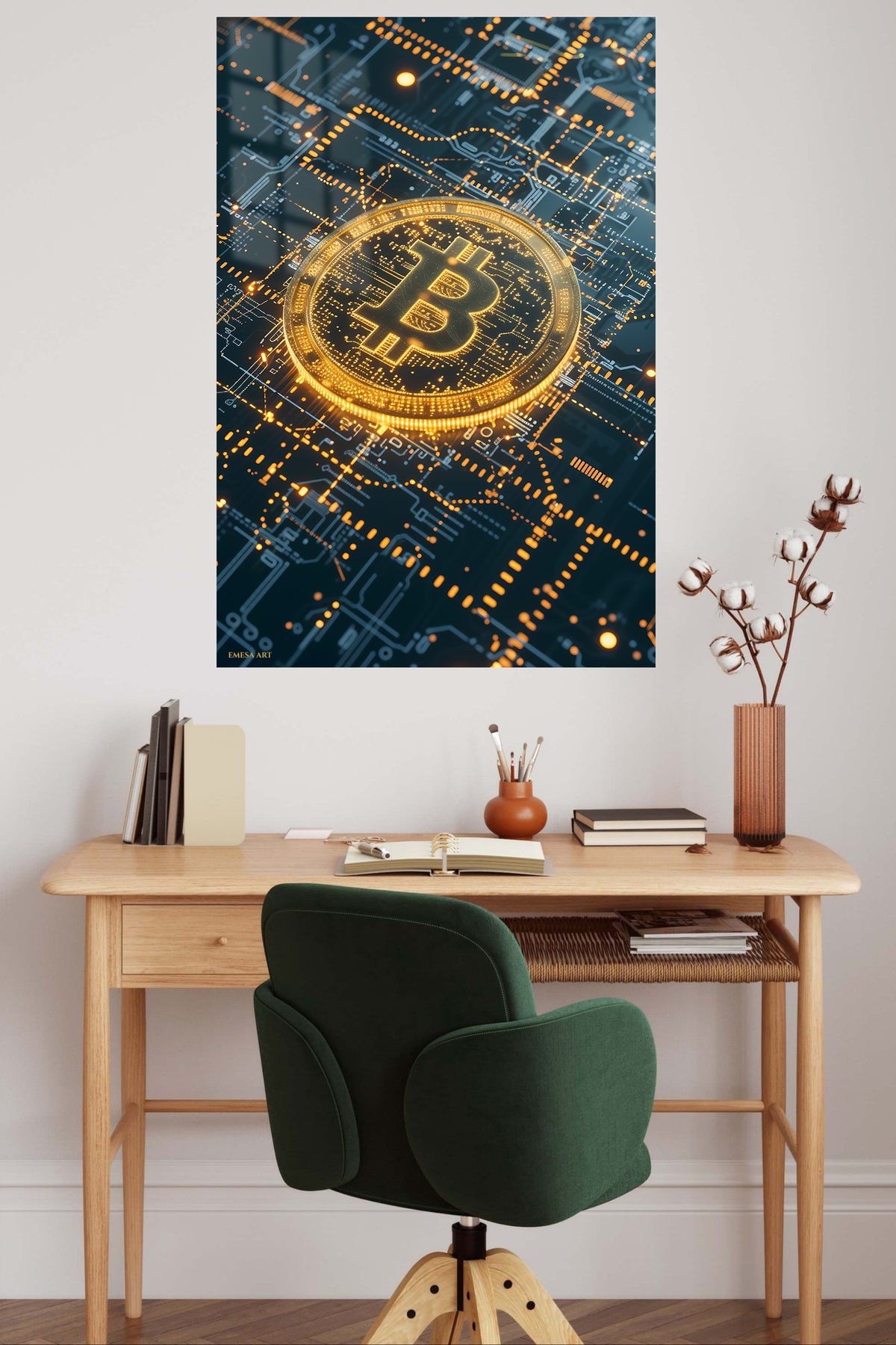 Golden Cryptocurrency Circuit metal wall art displayed in a contemporary living space