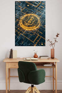 Golden Cryptocurrency Circuit metal wall art displayed in a contemporary living space