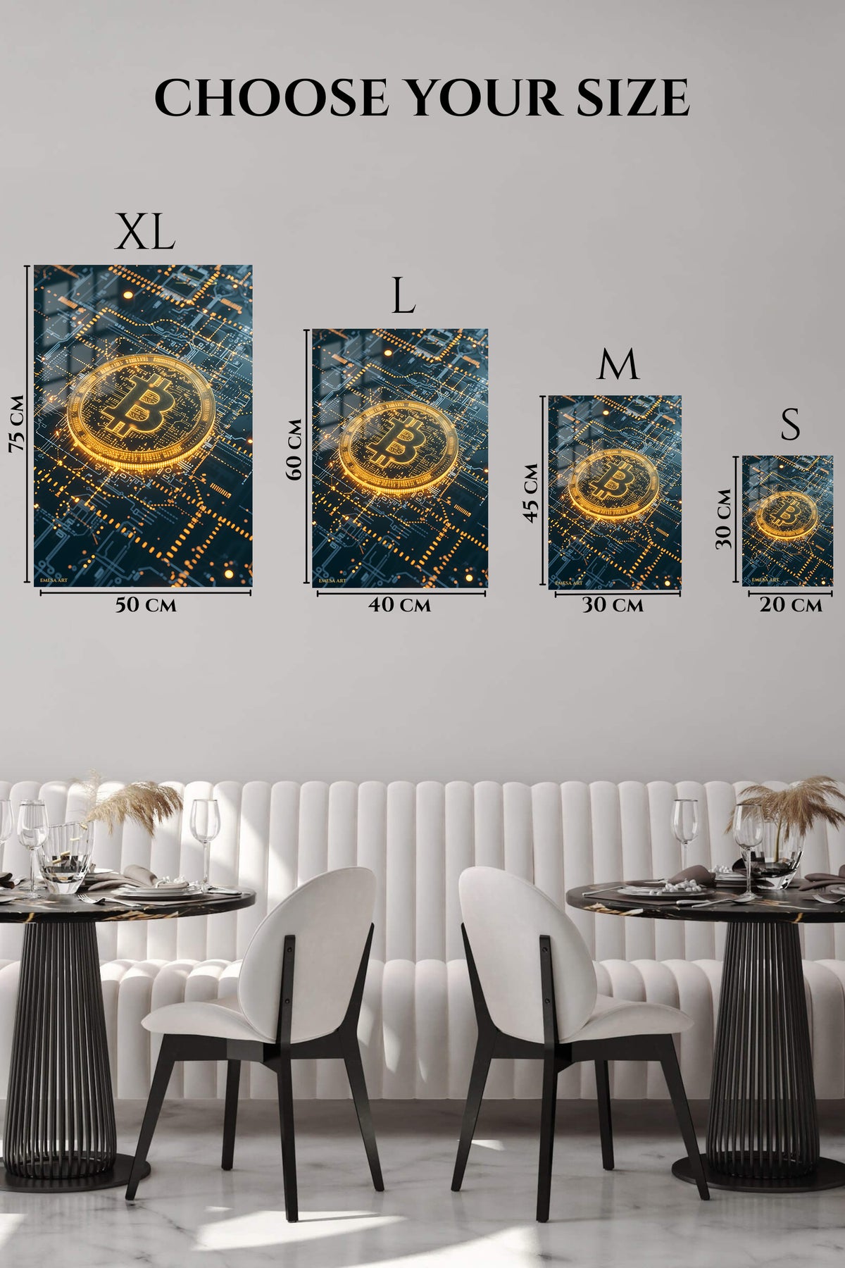 EMESA metal wall art size comparison guide for Golden Cryptocurrency Circuit