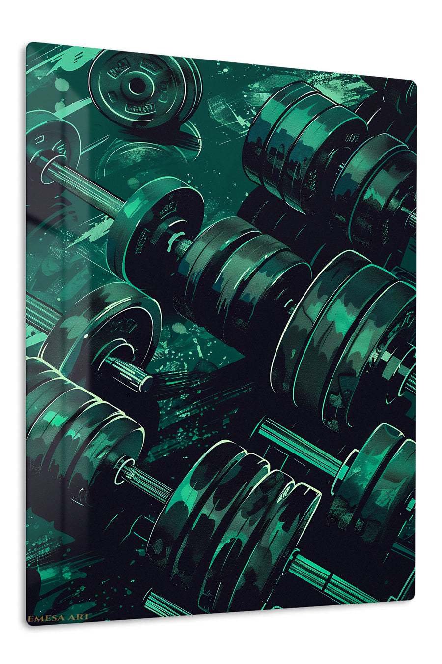 Teal Dumbbell Power premium metal wall art – front view