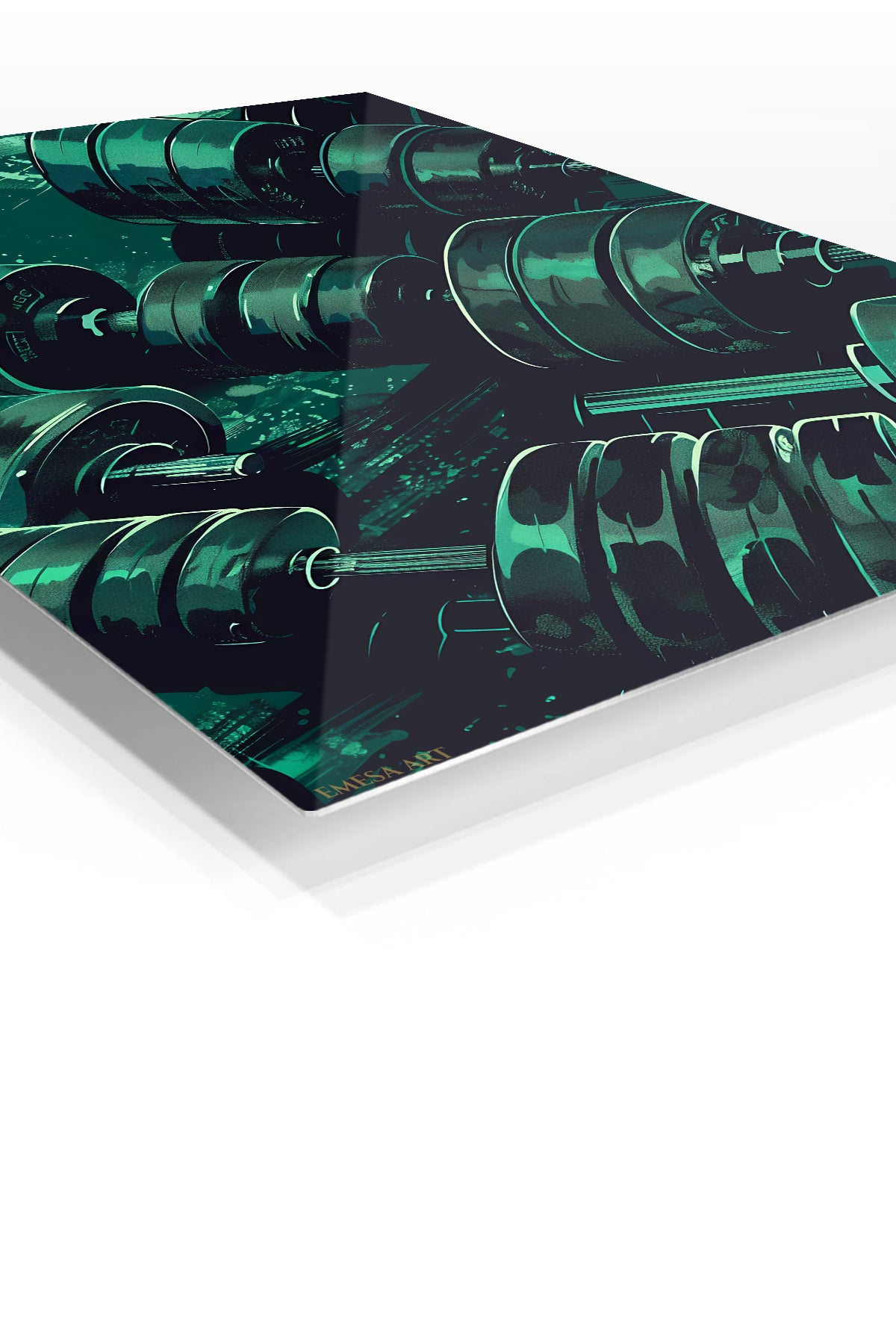 Teal Dumbbell Power premium metal wall art – angled view
