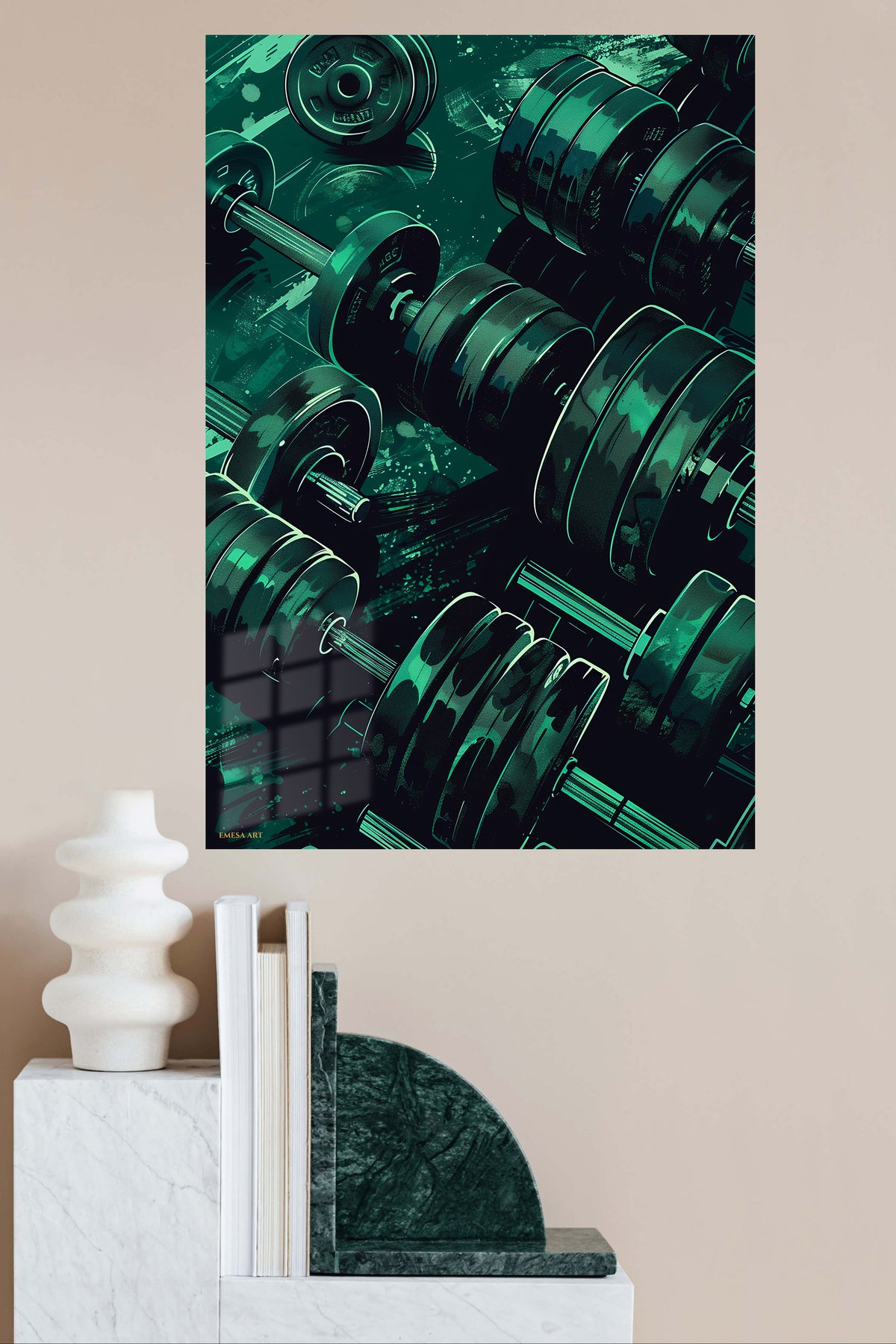 Teal Dumbbell Power metal wall art displayed in a modern interior