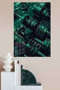 Teal Dumbbell Power metal wall art displayed in a modern interior